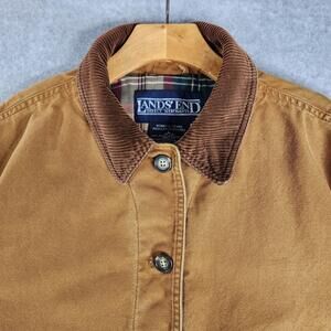 Lands' End Canvas Barn Jacket Womens Large Brown Corduroy Collar Plaid Lined 90s